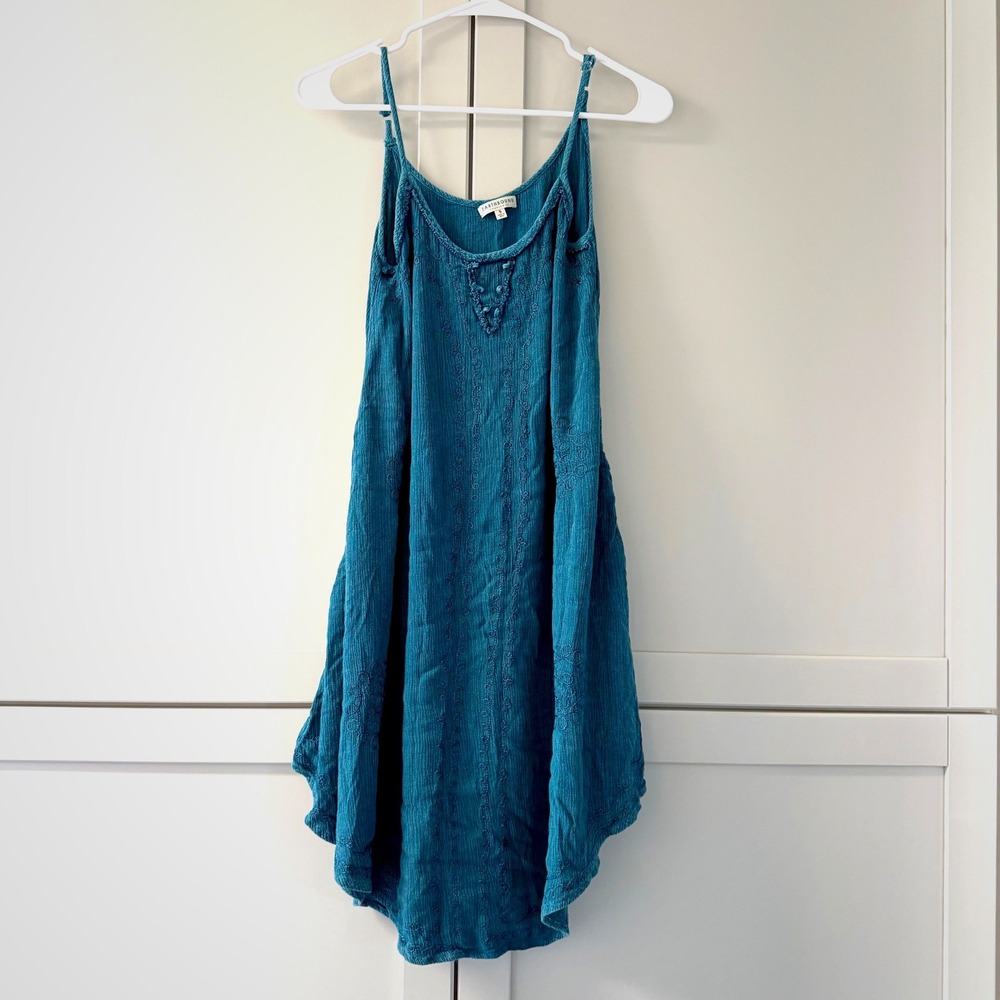 Earthbound Trading Co Womens‎ Teal Blue Embroidered Rayon Mini Dress Small Boho
